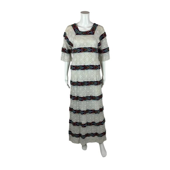 Vintage 70s Crochet Dress Women's Small White Tiered Colorful Floral Trim Maxi